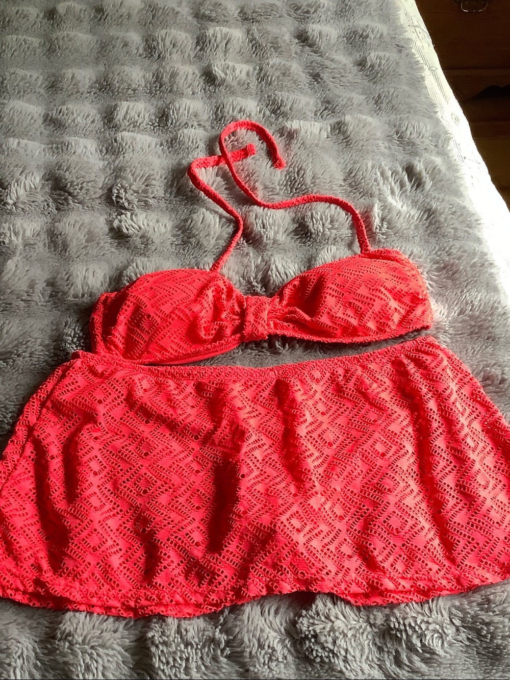 Catalina Bright Coral Lace-Overlay Bandeau Swim Set